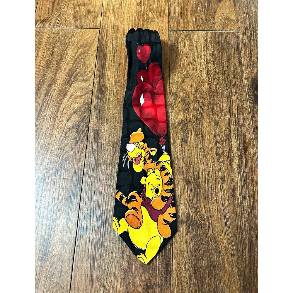 Vintage Disney Winnie the Pooh Tigger Tie 100% Silk Heart Balloons Black 90s